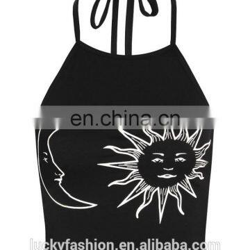 2016 BAIYIMO Latest Hot Sale Women's Sun Moon Print Halter Neck Tied Crop Vest Casual Top