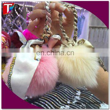 2016 latest fashion fake fur bag charm keychain with ribbon