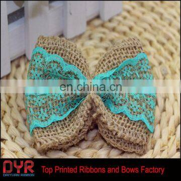 Blue Lace Jute Burlap Ribbon Bow