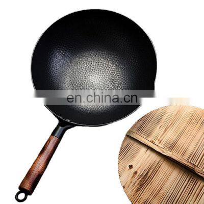 36cm Chinese Cast Iron Wok Pan With Wooden Handle