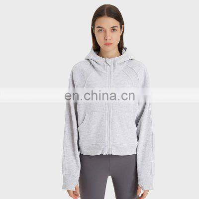 Custom Logo Sports Active Wear Women's Hoodies High Quality Cotton Fleece Oversized Fit Full Zip Up Thumbholes Crop Top Hoodie photo-3
