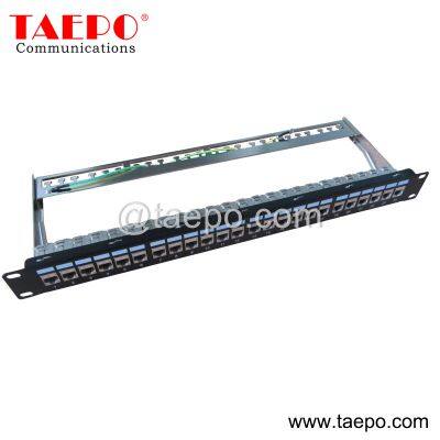 19 inch 1U 24 port CAT6A RJ45 STP shielded network server rack patch panel with cable manager and keystone