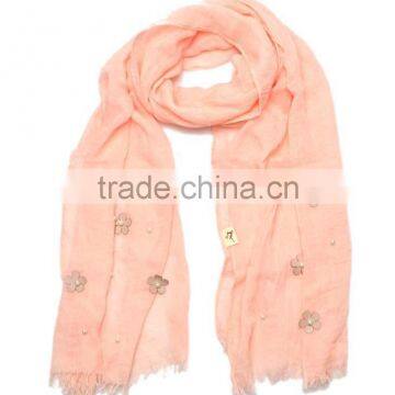 2015 Autumn Winter Newest Small Flower Applique Pearl Beads Fixed Soft Cotton Baby Girl Scarf photo-3