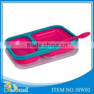 2015 Best selling kitchen tool leakproof 2 compartment bento silicone folding lunch box