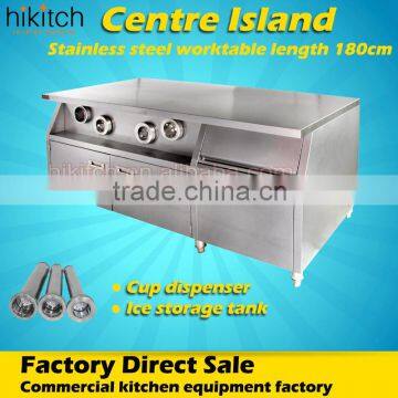 Restaurant stainless steel 1.8m center island with cup dispenser ice cube storage