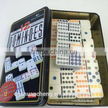 Dexule 91pcs Double 12 Custom Printed Colorful Plastic Dominoes Game Set Color Dots in Tin Iron Regangular Box