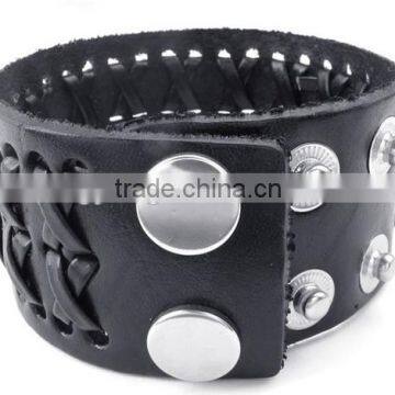 jewelry mens leather bracelet, wide braided adjustable cuff bangle, black or any color