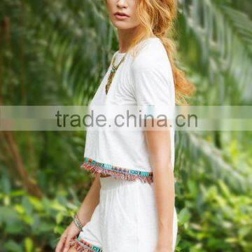 Two-piece-outfits Latest Fashion Design Women Clothing White Fringe Trim Short Sleeve T-shirt With Shorts photo-5