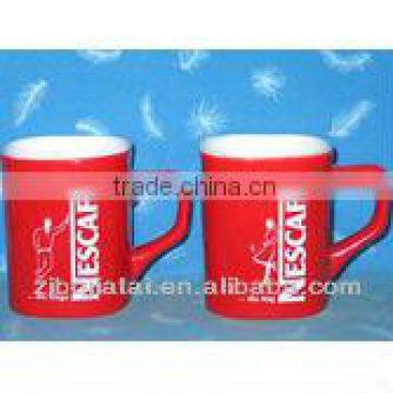 Red Glazed and Decaled Square Shape Classic Nescafe Mug for Promotion