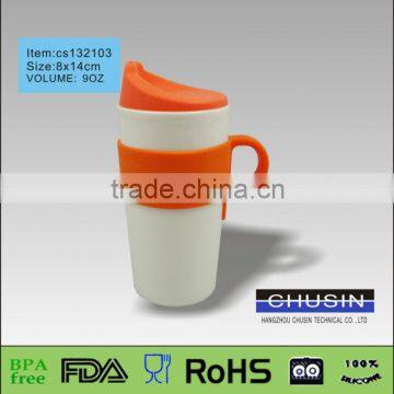 double wall ceramic coffee cup with colorful silicone sleeve and lid wholesale