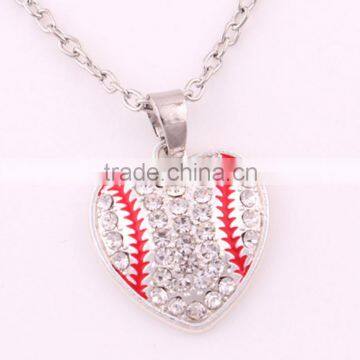 New Arrival Zinc Studded With Sparkling Crystals Baseball Heart Pendant Chain Necklaces