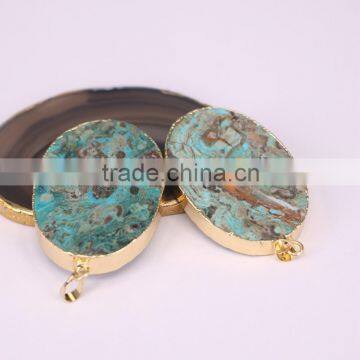 Natural Agate Stone Pendant, Gold Plated Edged Oval Shape Slab Stone Pendant, Double Flat Ocean Agate Gem Stone Pendants