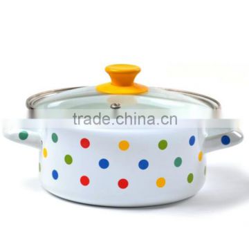 High Quality 16/18/20/22/24cm Straight Colorful Polka Dots Enamel Casserole With Glass Lid