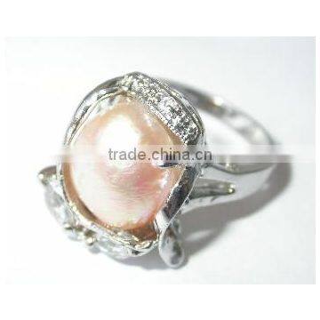 18K Gold Inlaid Pearl Round Ring Orange Pearl Tahitian Pearl Ring photo-2