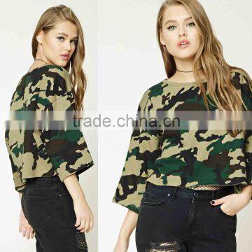 Korean Fashion Clothes 3/4 Sleeves Round Neck Fleece Lining Boxy Camo Print Camouflage Sweatshirt Custom Crewnecks