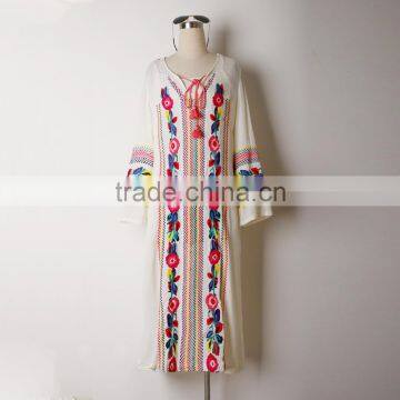 Embroidery Dress Design Folk Drawstring Split Leg Linen Women Maxi Dresses HSD1467