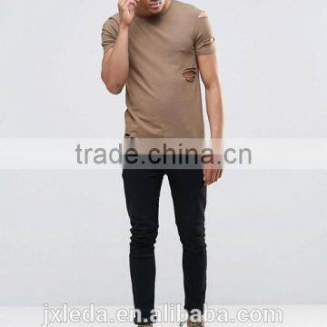 Men Longline Brown Distressing Blank Slim Fitted Muscle T-shirt Custom China Manufacturers photo-4