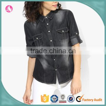 Latest Denim Blouse Woman Fashion Cutting OEM Washed Black Shirts