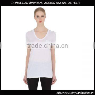 Casual Womens Deep V Neck Plain T-Shirts,White Short Sleeve 100% Cotton Blank T-shirts with pocket