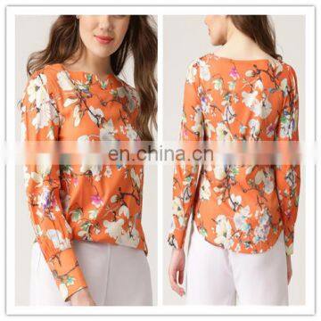 High Quality Long Sleeve Orange Floral Pint Ladies Fashion Tops