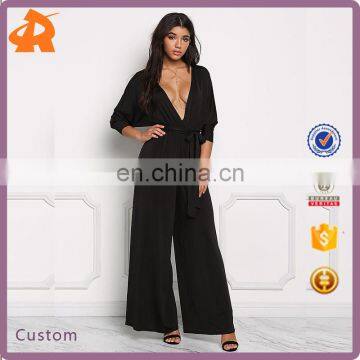 Fashion Rompers Women's Black Plunge Wide Legged Jumpsuit