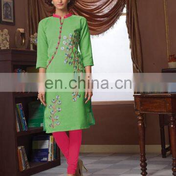 Cheap Embroidery Work Green Poly Linen Kurti