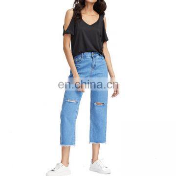 Cut Out Frayed Hem Ankle Jeans Fashion Demin Pants For Women photo-4