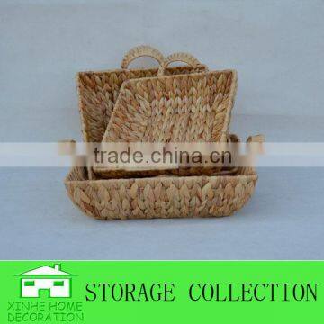 S/3 Square Water Hyacinth Woven Gift Tray With Handles