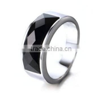 Men's Stainless Steel Gemstone Silver Rings, Fashion Black Stone Ring For Men