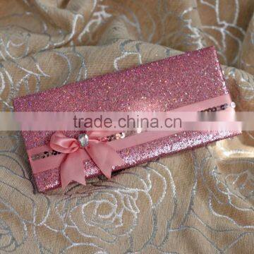 fashion pink bowknot & fancy crystal with handbags wedding invitation cards