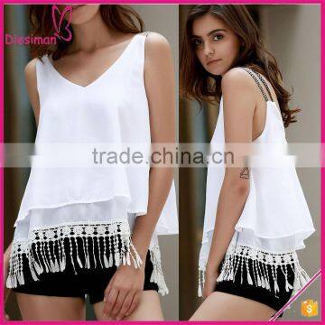 White Fringe Spliced Cami Spaghetti Strap Camisole Tops, Ladies Spaghetti Strap Tops Women