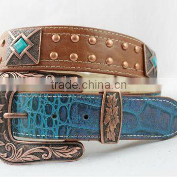 2016 Hot Selling Western rhinestone leather belt with squre turquoise conshos