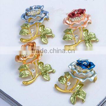 fashion custom lady beautiful colorful rhinestone gold rose brooch