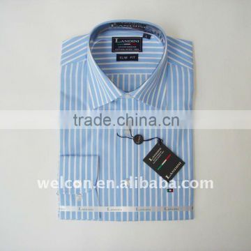 Men's classic business dress 100% cotton long sleeve sky blue and white thick stripe shirt