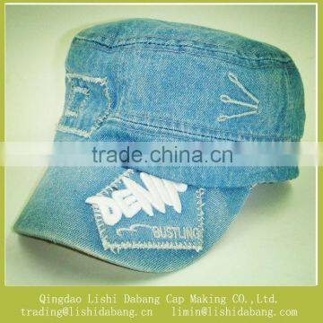 Fashion Denim Fabric Army Hat, Flat Top Military Cap