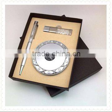 SWS0052 promotional pocket mirror&crystal metal ballpoint pen&crystal Usb 2.0 flash driver promotional gift set