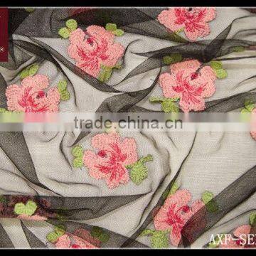 fahion floral embroidery fabric on mesh ground