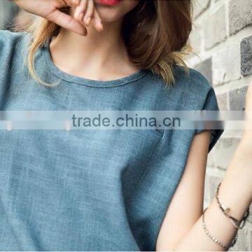 Fashion Round Neck Short Sleeve Linen Casual Women T-shirt Made in China photo-3