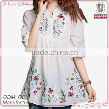 Wholesale ladies tops cheap price half sleeves mature linen and cotton ladies embroidered blouse