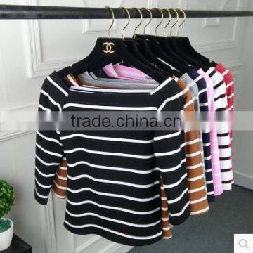 The New Dress Brought a Word Dew Shoulder Cultivate One's Morality Female Striped Shirt photo-2
