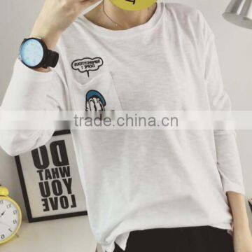 Cartoon Embroidery Pocket Spring Dress Loose Cotton Long Sleeve T-shirt photo-3