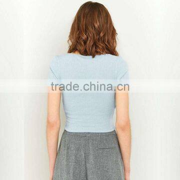 2017 Ladies Ribbed Deep V-neck Short Sleeves Ballet Wrap Crop Cami Tops photo-2