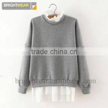 Fleece Pullover Fake Two Pieces Sweatshirt With Back Side Zipper for Women