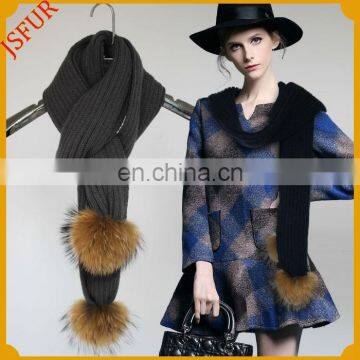 2016 wholesale genuine fur pom poms winter knit scarf