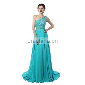 High Quality Elegant A Line Custom Made One Shoulder Sleeveless Floor Length Chiffon Peplum Women Prom Dress