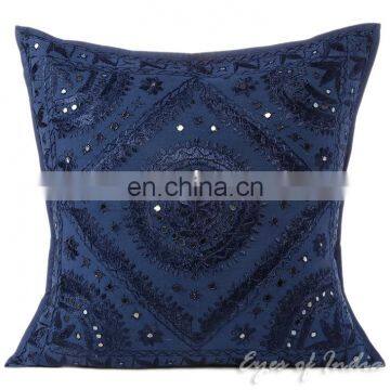 Navy Blue Mirror Embroidered Boho Decorative Pillow Bohemian Cushion Cover - 16, 20, 24"