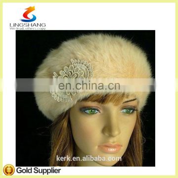 lingshang angora high quality knitted fashion winter girl crochet flower hats