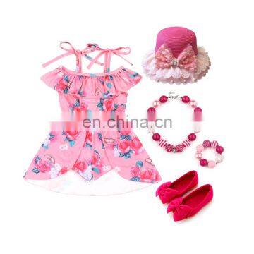 2019 New Arrival Halter Red Rose Ruffle Princess Girl Dress Flyaway Romper