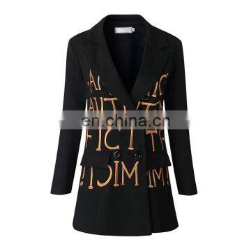 TWOTWINSTYLE  Blazer For Women Long Sleeve V-neck Slim Golden embroidery  Vintage Casual