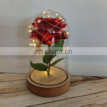 Red Rose And Copper Wire String Light In Flower Glass Dome Cover With Wood Base For Valentine's Day Wedding Decoration